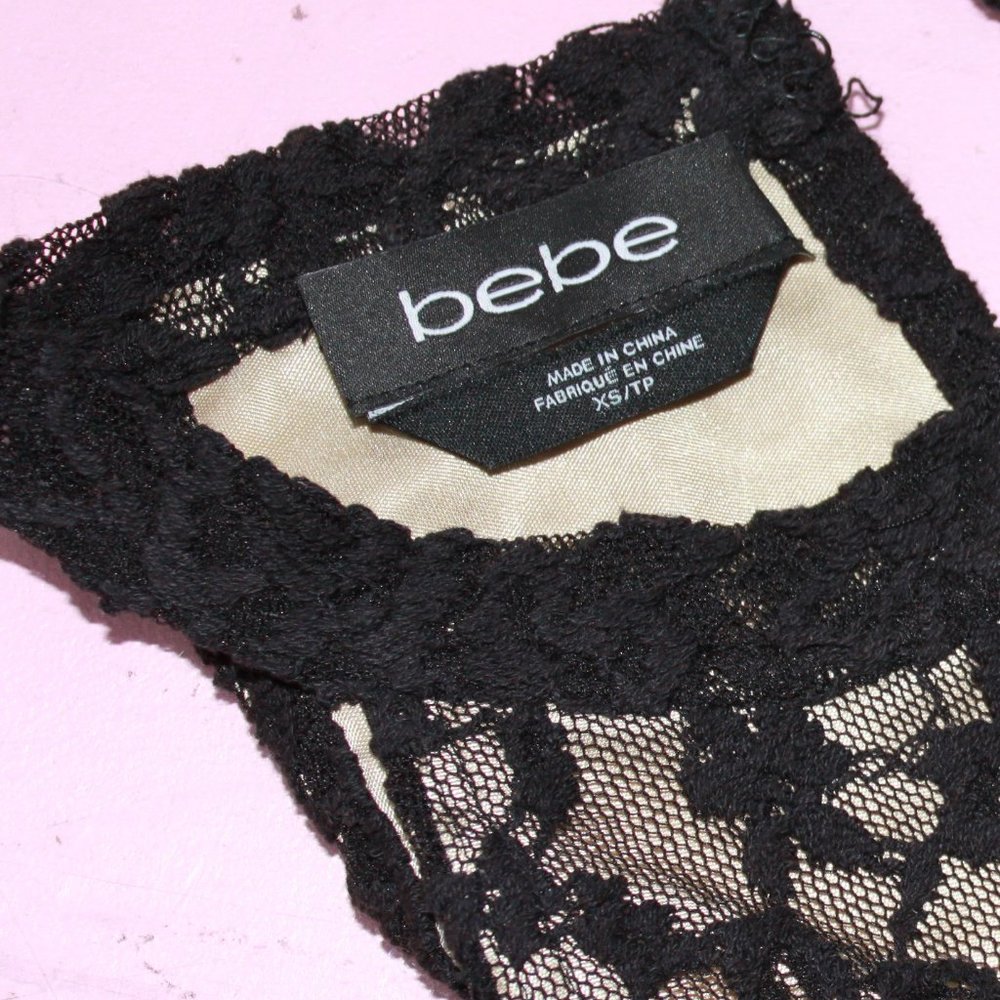 BEBE Black Lace Hi Neck Bandage Bodycon Mini Dress - Picture 5 of 7
